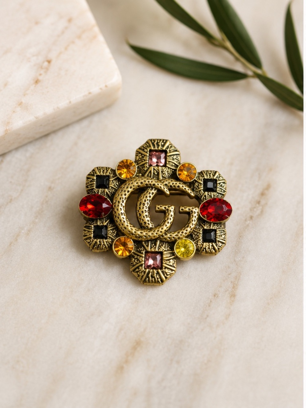 GG Gold-Tone Red & Multicolor Crystal Brooch. Beautiful